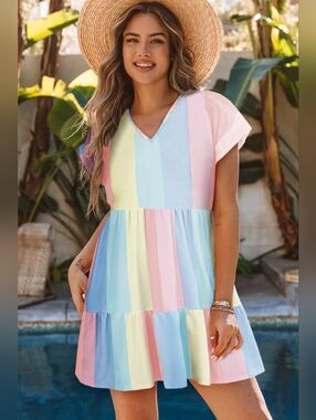 Color Block Pastel Stripe V-Neck Tiered Mini Dress